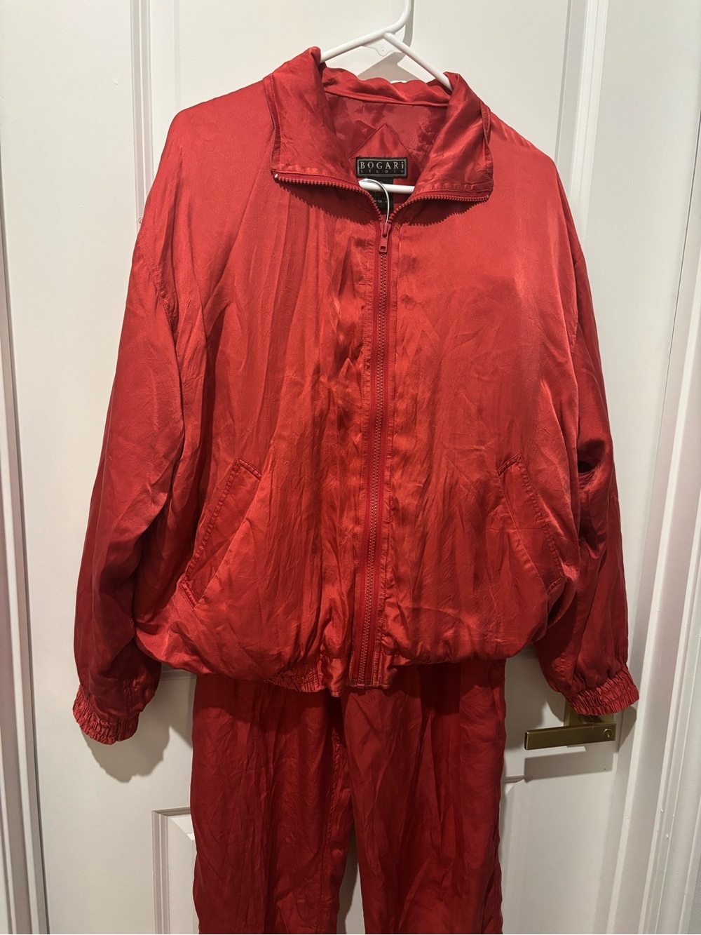 Vintage 1980s Bogari Studio Red 100% Silk Tracksuit Jacket Pants Sporty Fashion
